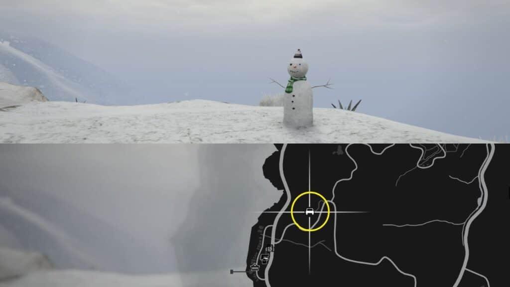 A Snowman and a map of the Banham Canyon in GTA Online.