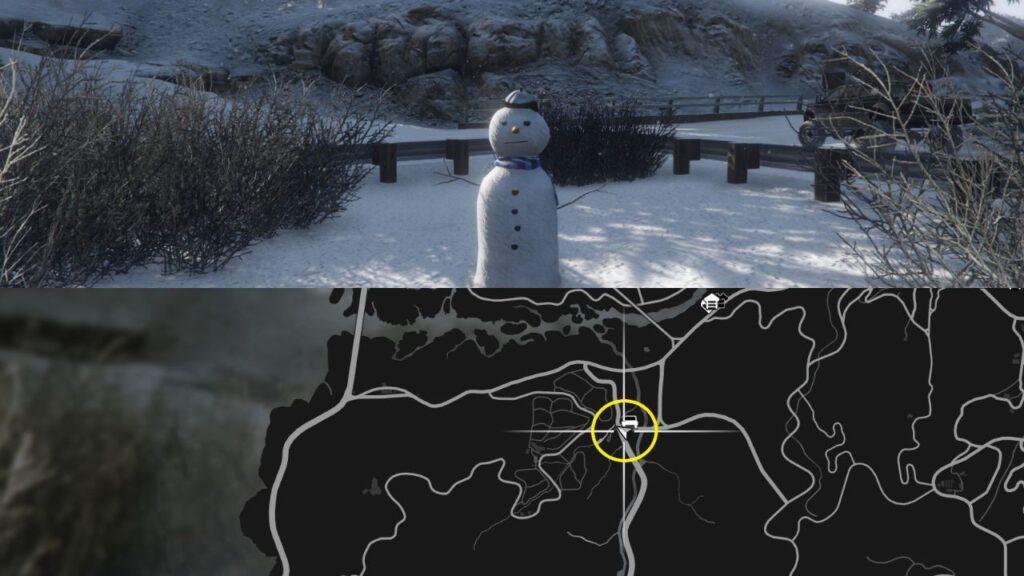 A Snowman and a map of Tongva Valley in GTA Online.