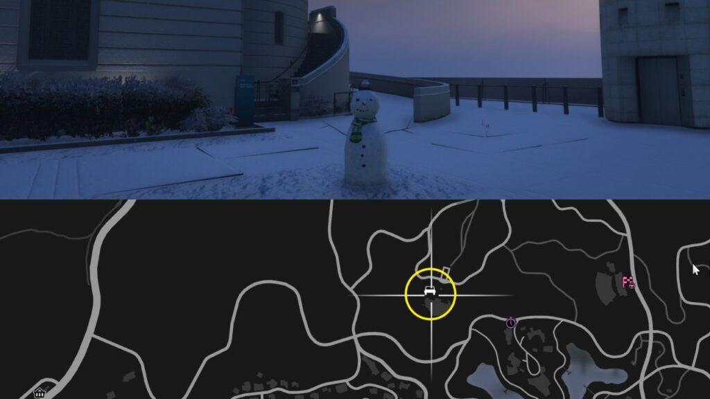 A Snowman and a map of Vinewood Hills in GTA Online.