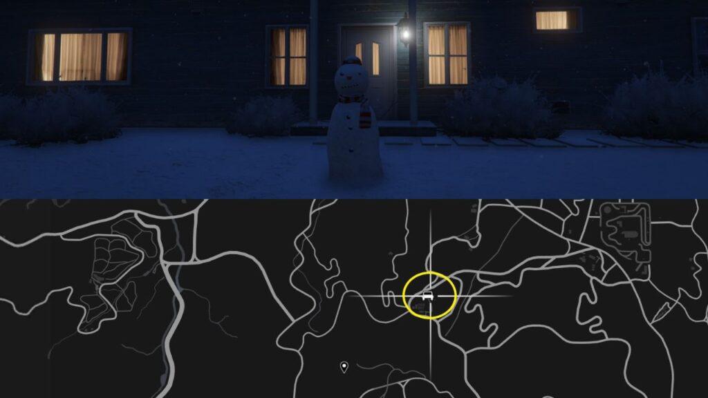 A Snowman and a map of the Grand Senora Desert in GTA Online.