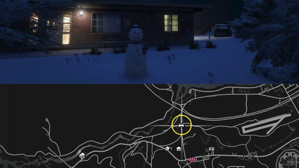 A Snowman and a map of the Grand Senora Desert in GTA Online.