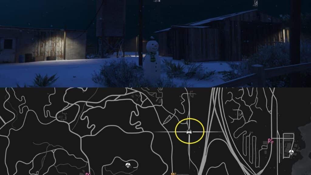 A Snowman and a map of the Grand Senora Desert in GTA Online.