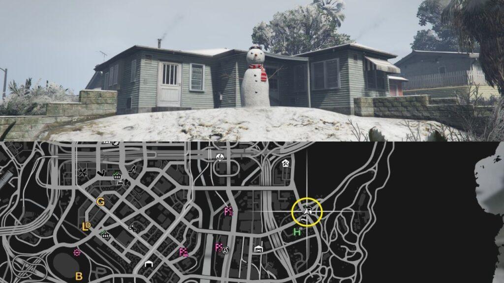 A Snowman and a map of the El Burro Heights in GTA Online.