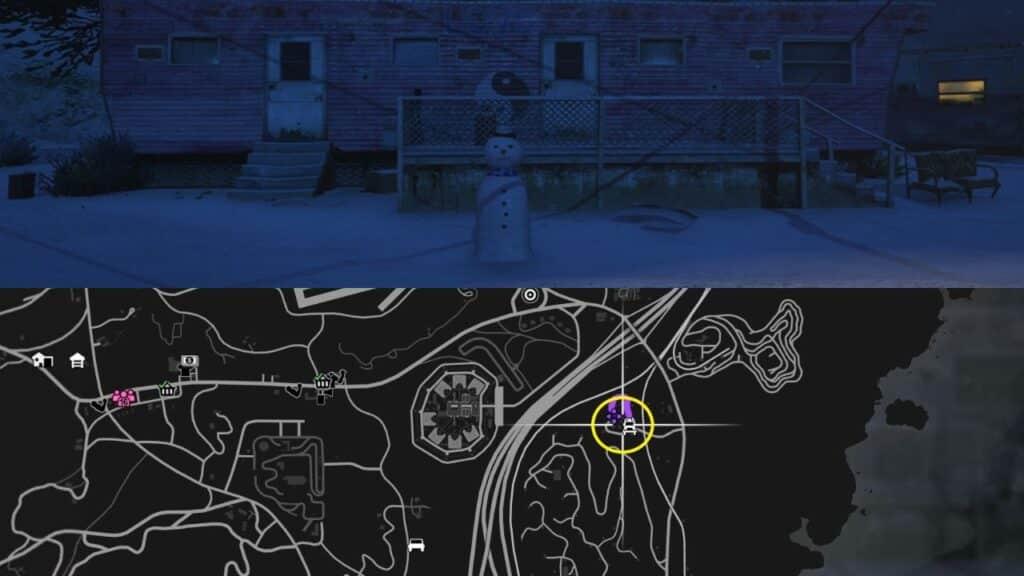 A Snowman and a map of RON Alternates Wind Farm in GTA Online.