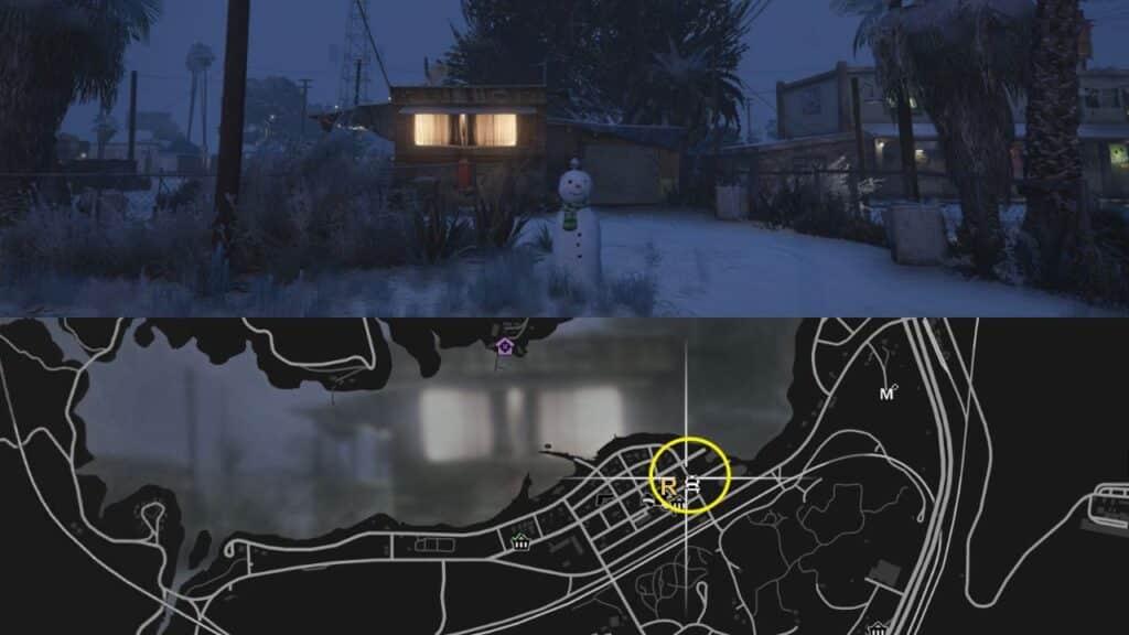 A Snowman and a map of Sandy Shores in GTA Online.