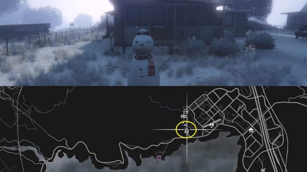 A Snowman and a map of Grapeseed in GTA Online.