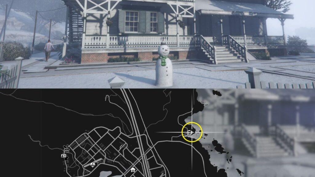 A Snowman and a map of Mount Gordo in GTA Online.