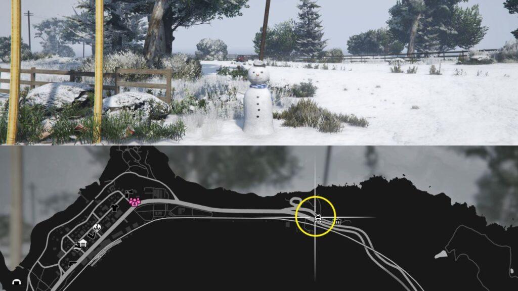 A Snowman and a map of Mount Chiliad in GTA Online.