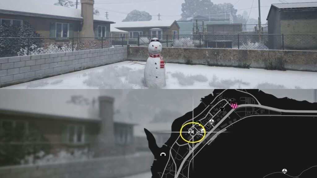 A Snowman and a map of Paleto Bay in GTA Online.