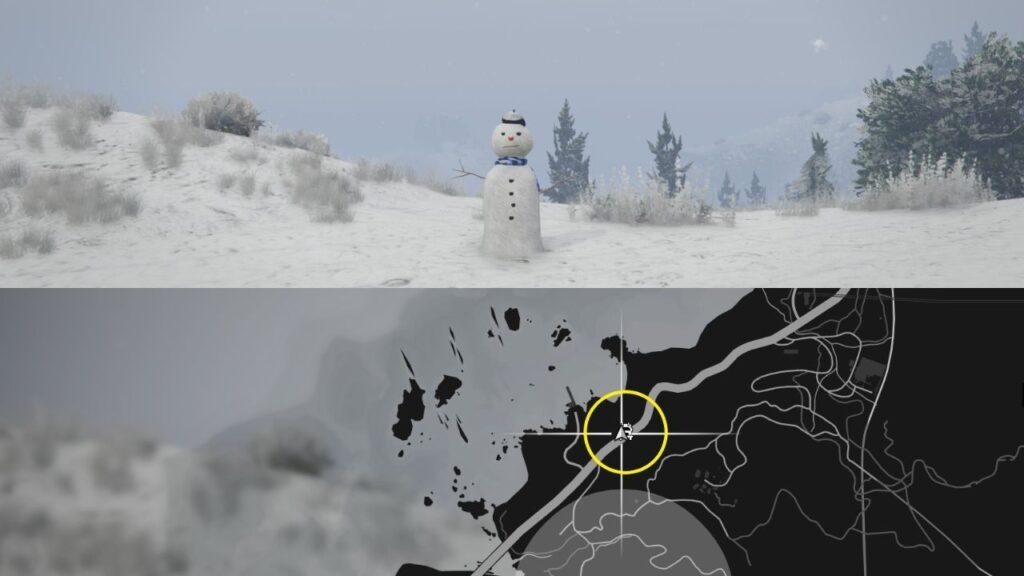 A Snowman and a map of the Chiliad Mountain State Wilderness in GTA Online.