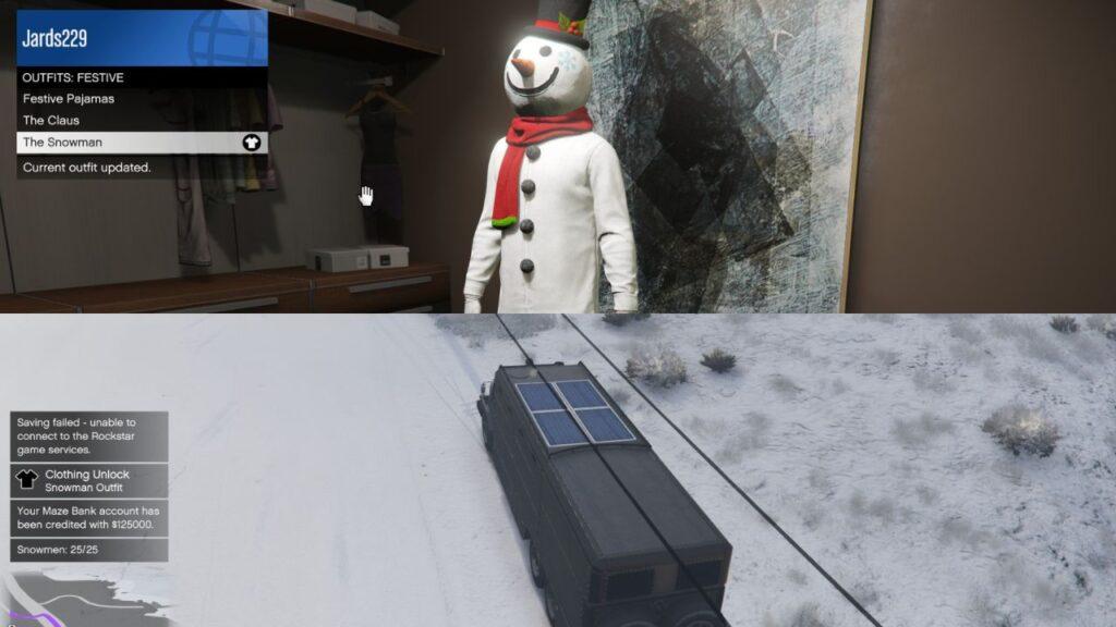 The player with the Snowman Suit and completing the activity in GTA Online.