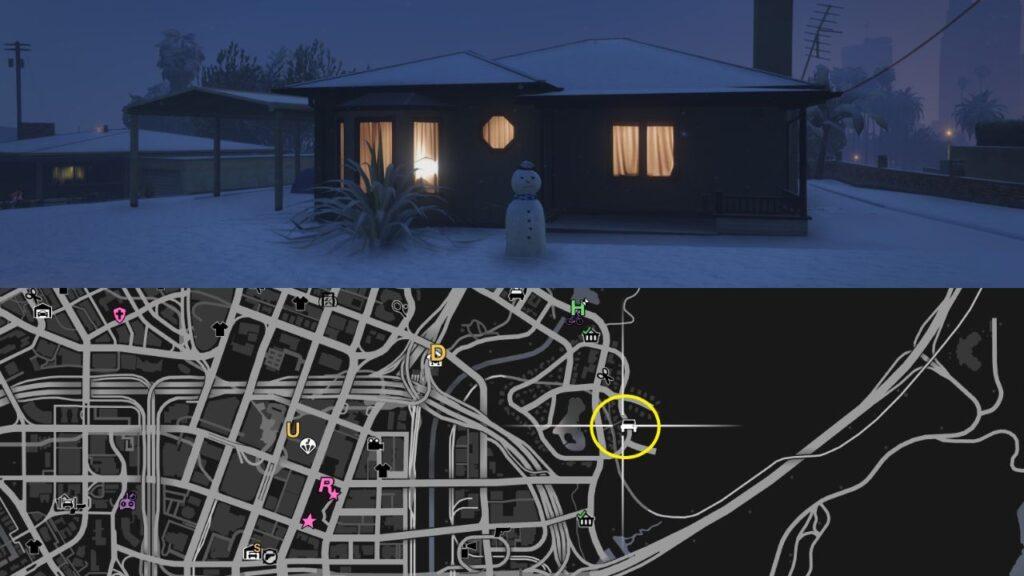 A Snowman and a map of Mirror Park in GTA Online.