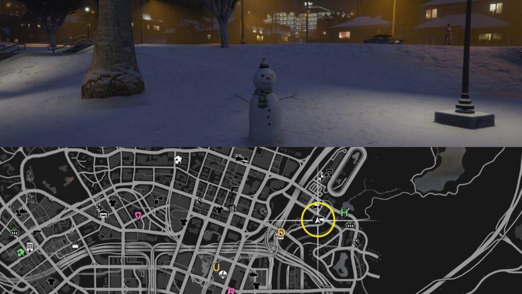 A Snowman and a map of Mirror Park in GTA Online.