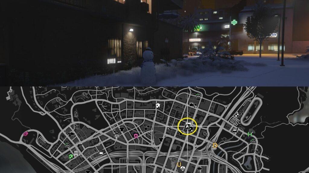 A Snowman and a map of Hawick in GTA Online.