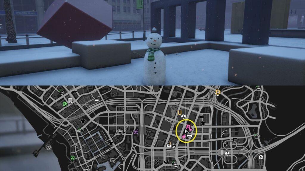 A Snowman and a map of Legion Square in GTA Online.