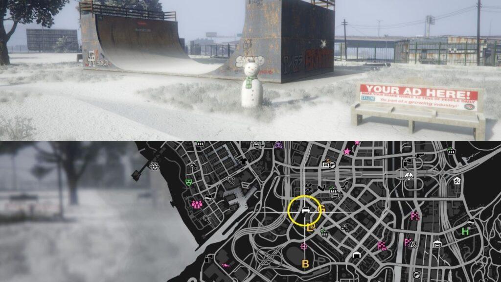 A Snowman and a map of the Chamberlain Hills in GTA Online.