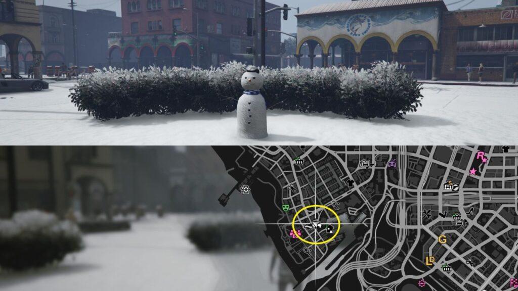 A Snowman and a map of Vespucci Canals in GTA Online.