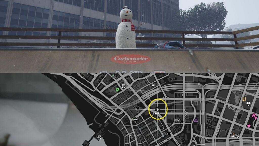 A Snowman and a map of Vespucci Canals in GTA Online.