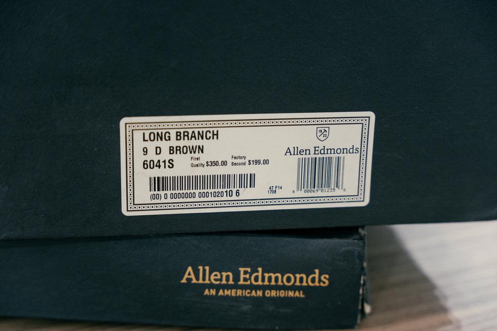 Allen Edmonds Long Branch shoe box showing the price of the CXL boots as well as the factory 2nds pricing