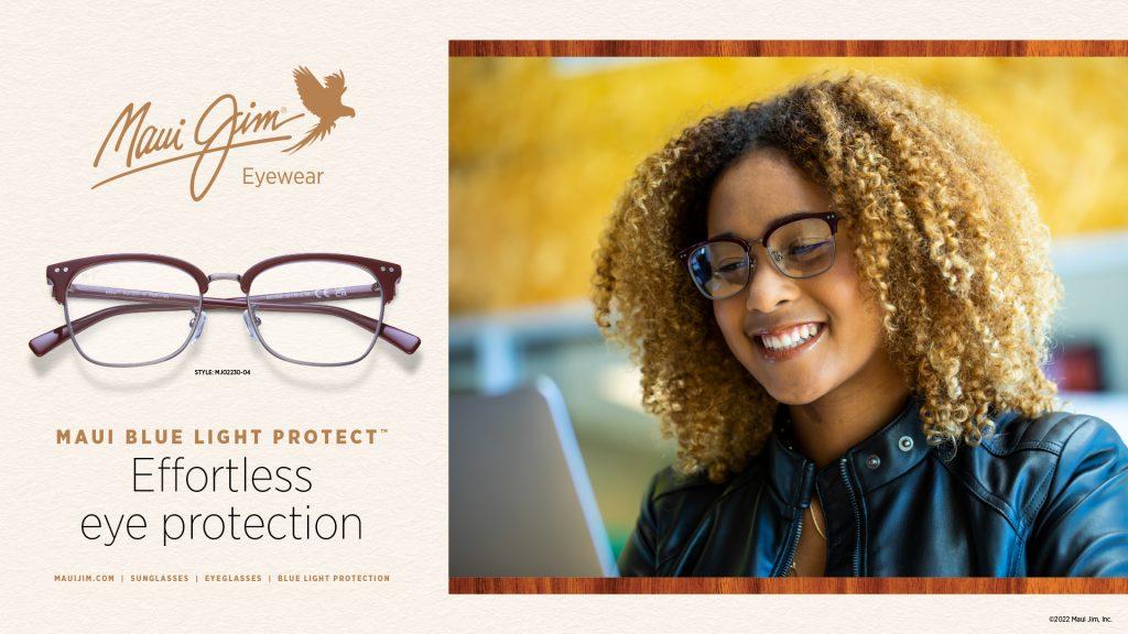 woman wearing maui jim eyeglasses with blue light protection lenses on face