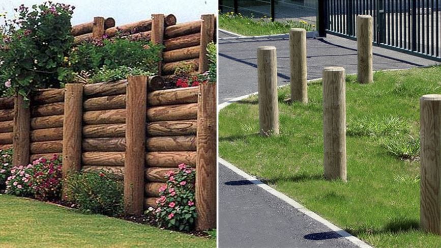Two examples of ways that used utility poles have been incorporated into landscaping projects.