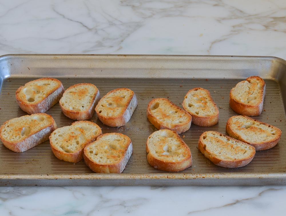 Baking sheet of toasted bread.