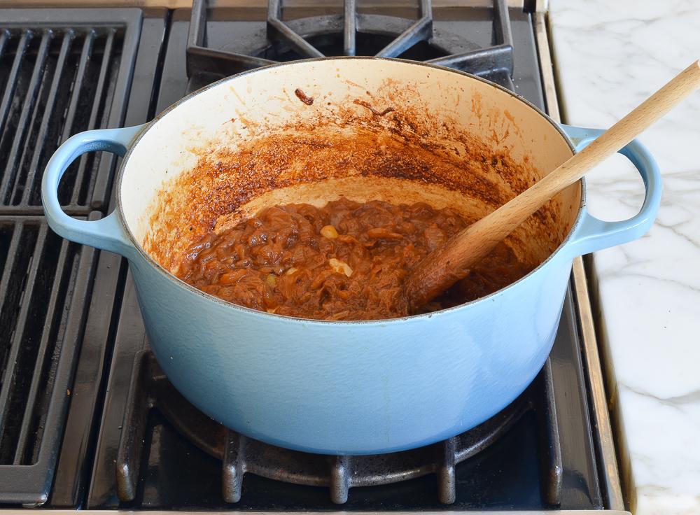 jammy onions and wine in Dutch oven