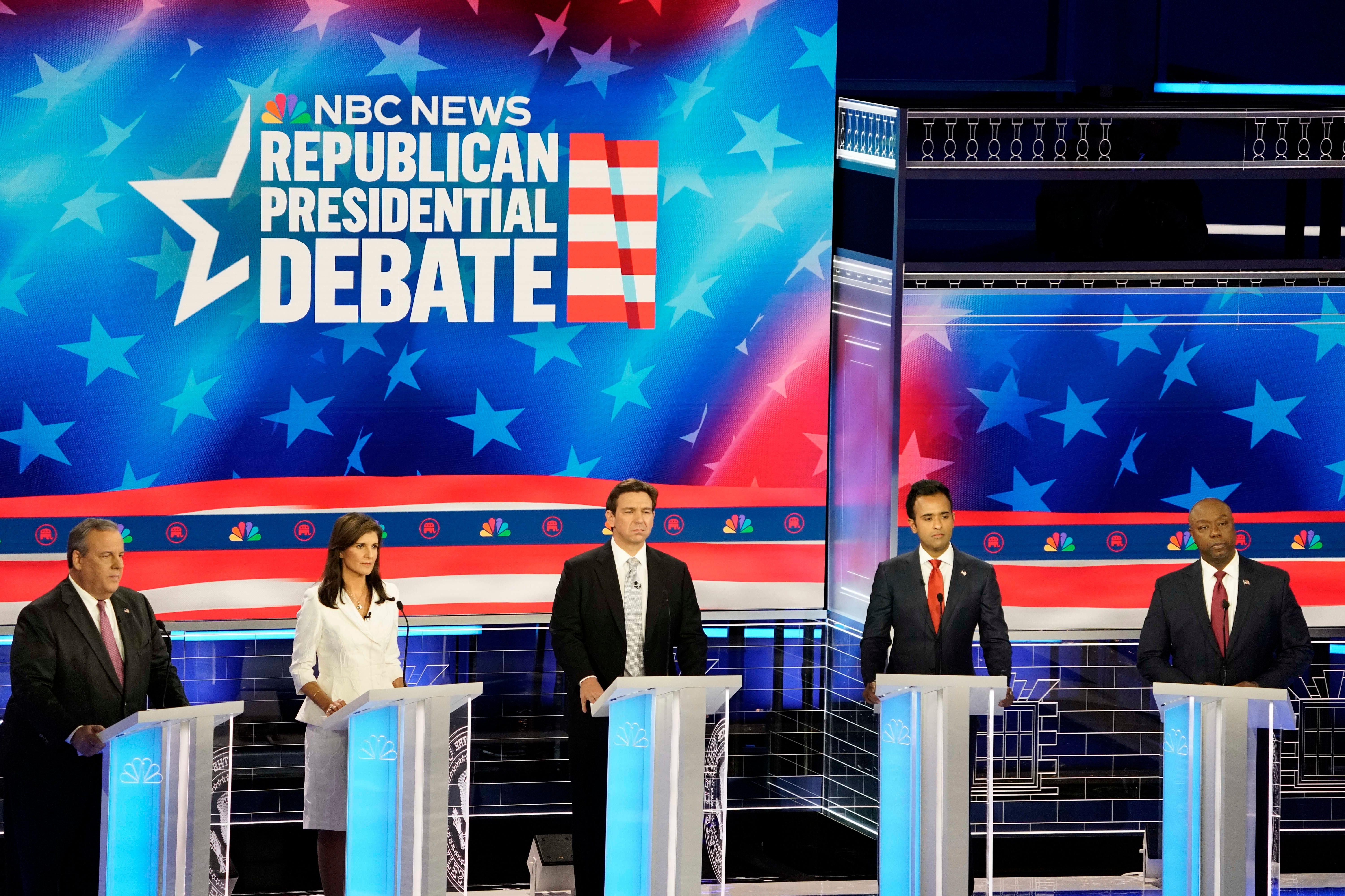 Former New Jersey Gov. Chris Christie, former South Carolina Gov. Nikki Haley, Florida Gov. Ron DeSantis, entrepreneur Vivek Ramaswamy and Senator Tim Scott of South Carolina were at the third GOP primary debate on Nov. 8. in Miami.