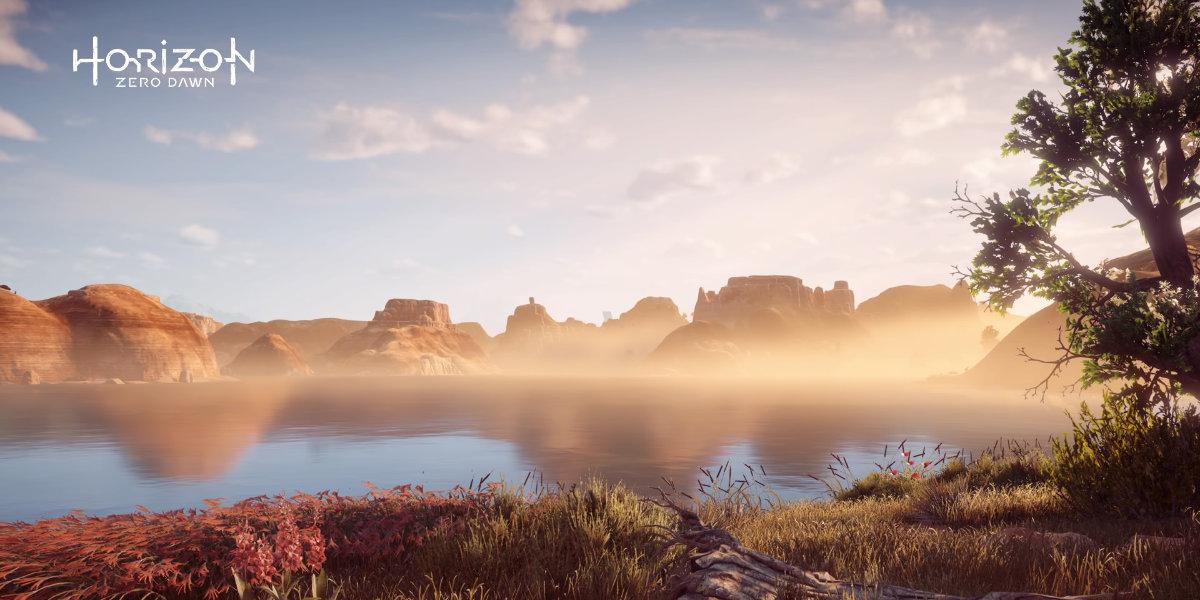 A video game screenshot of a vast lake with mist rising from the shore.