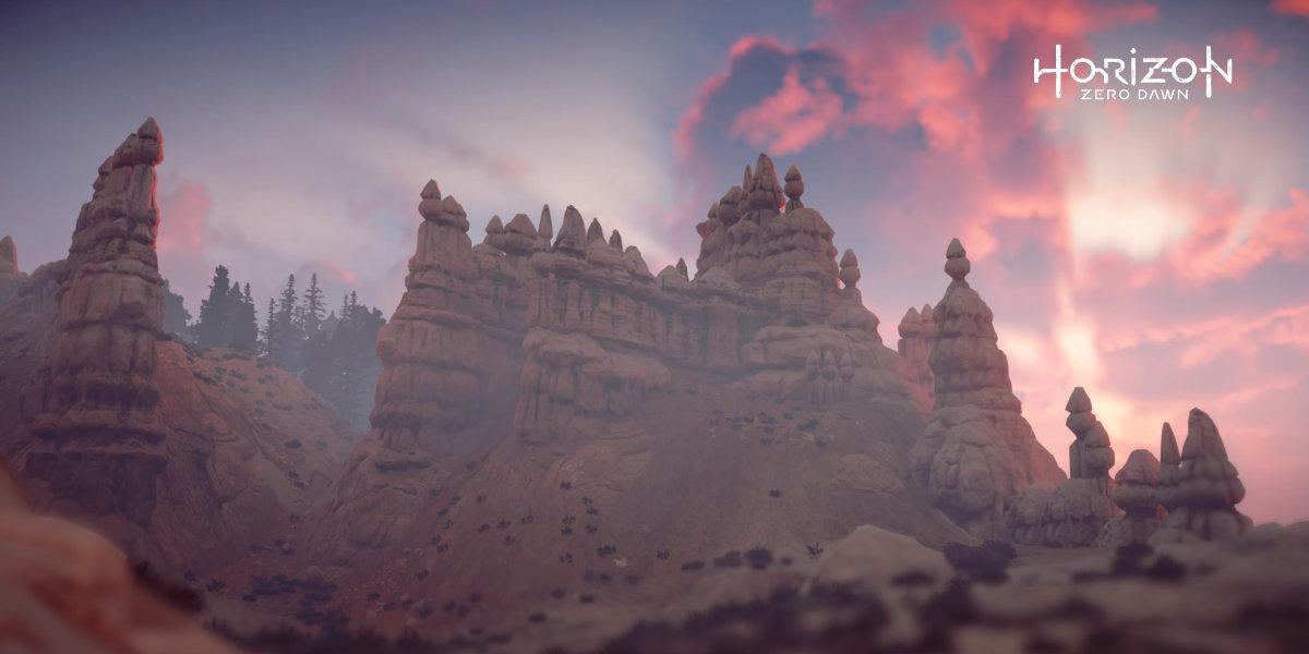 A video game screenshot of hoodoos at sunrise.