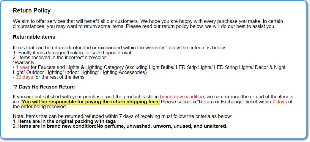 LightInTheBox Return Shipping Fees