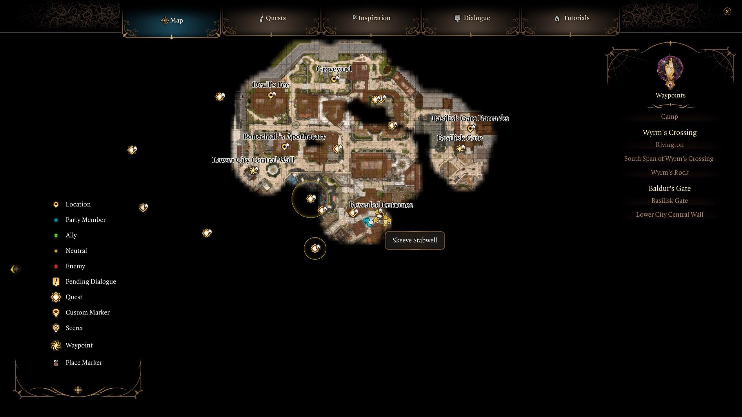 A map screen showing where to find Mol after Moonrise in Baldur