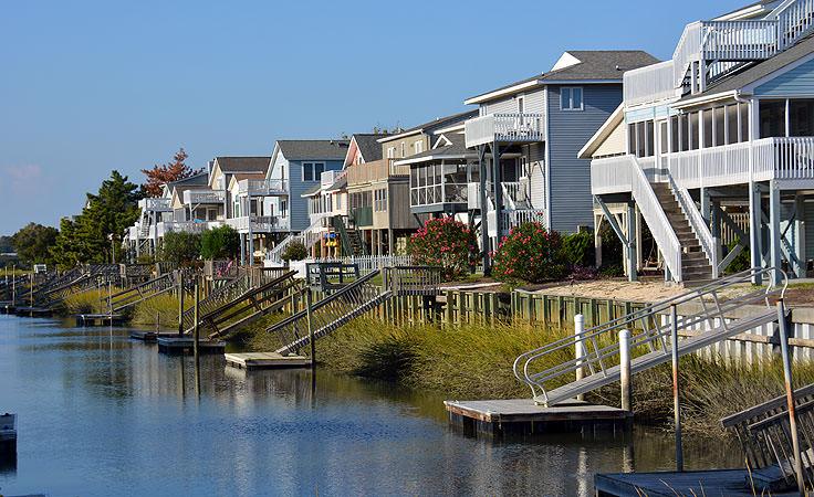 Homes line canals near Sunset Beach, NC