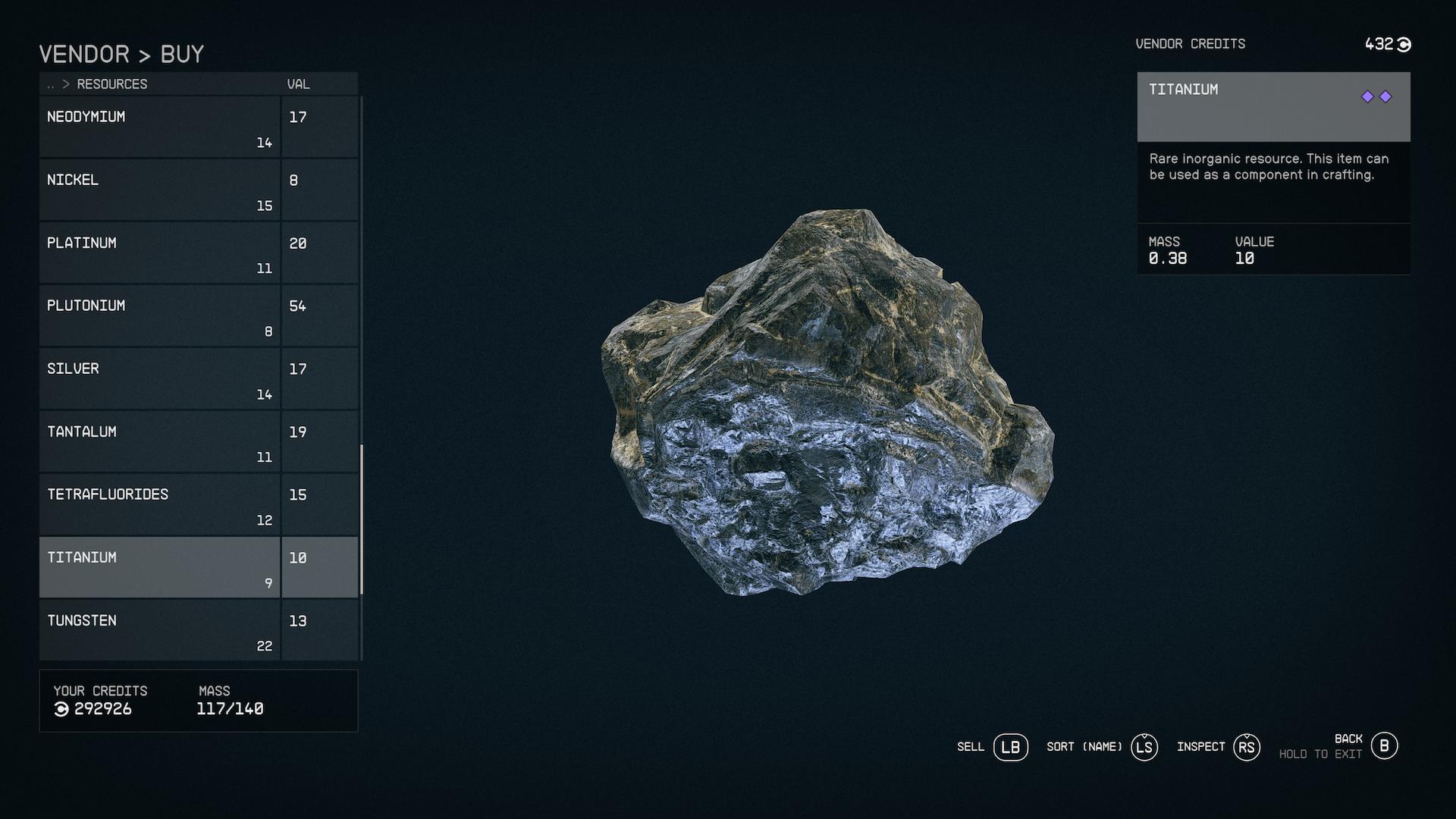 An inventory screen showing titanium ore in Starfield