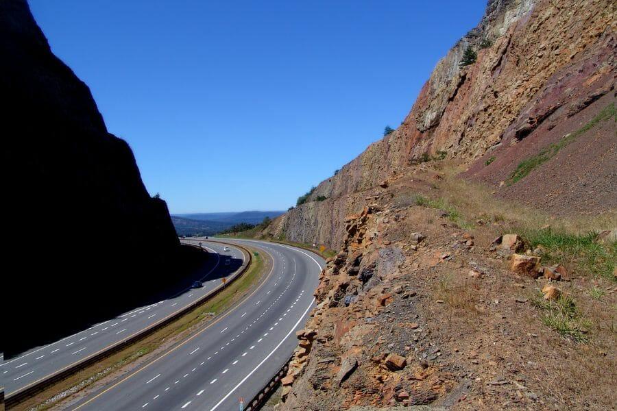 Road cut with exposed rocks and minerals