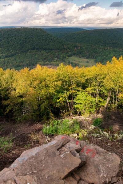 Overlooking the rocks and forested hillsides of Bald Eagle State Forest from Inglby View in Centre County Pennsylvania