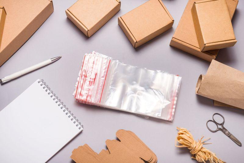Zip lock bags and packaging materials on workspace