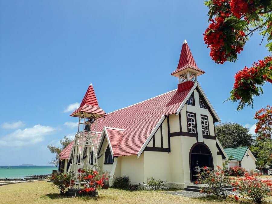 a small red-roofed church in the north of Mauritius