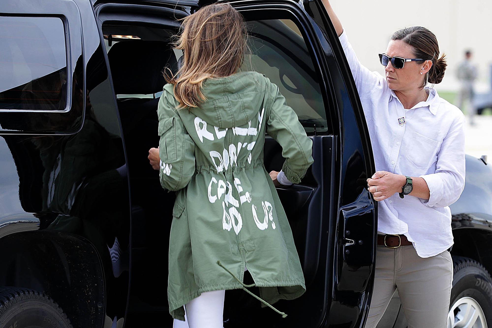 Then first lady Melania Trump wore her infamous “I really don’t care do u?” jacket at Joint Base Andrews, Maryland on June 21, 2018.