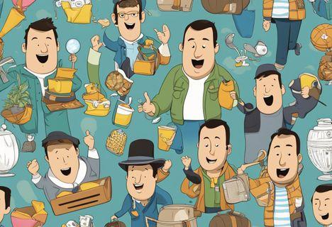 Adam Sandler characters in a comical setting, surrounded by various props and costumes, with a playful and lighthearted atmosphere