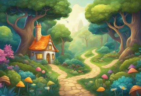 A magical forest with a winding path, a small cottage, and colorful woodland creatures