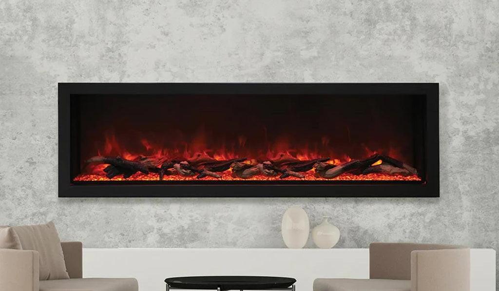Close up of electric fireplace flames in a linear style fireplace with marble surround.