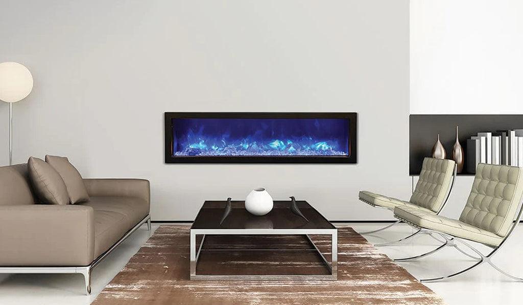 Linear electric fireplace with blue flames in a modern living room.