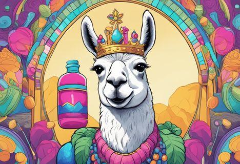 A llama wearing a crown, surrounded by colorful potions and a mischievous grin