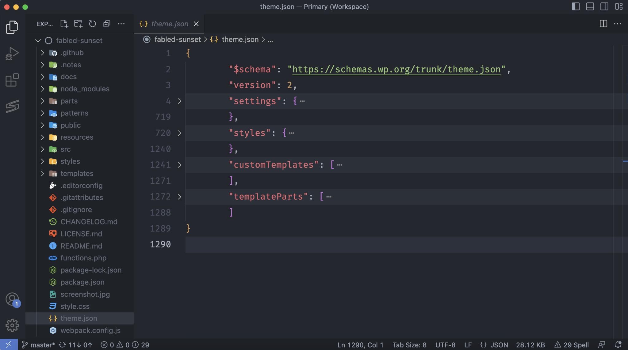 Visual Studio Code editor showing the structure of a theme