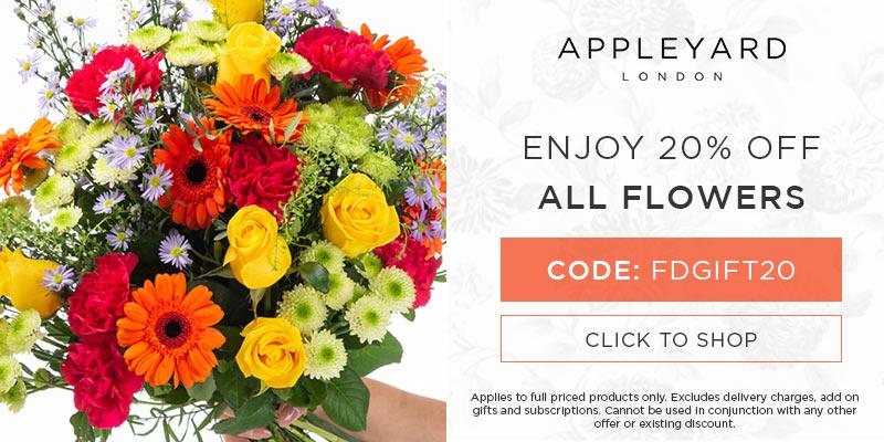 Use discount code FDGIFT20 for 20% off all full priced bouquets at Appleyard London. Excludes delivery charges & add-on gifts, subscriptions, hampers, and alcohol