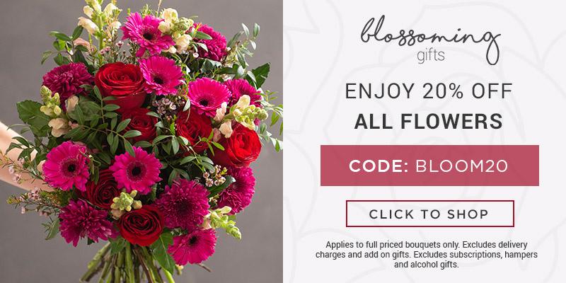 Use code BLOOM20 for 20% off all full priced bouquets at Blossoming Gifts. Excludes delivery charges & add-on gifts, subscriptions, hampers, and alcohol.