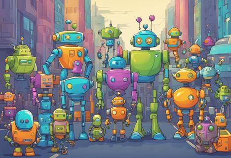 A group of colorful, quirky robots and aliens stand in a futuristic cityscape, each with unique personalities and expressions