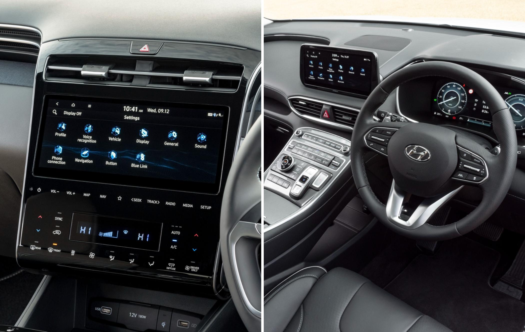 on the left is a hyundai tucson's infotainment touchscreen and on the right is a hyundai santa fe's steering wheel