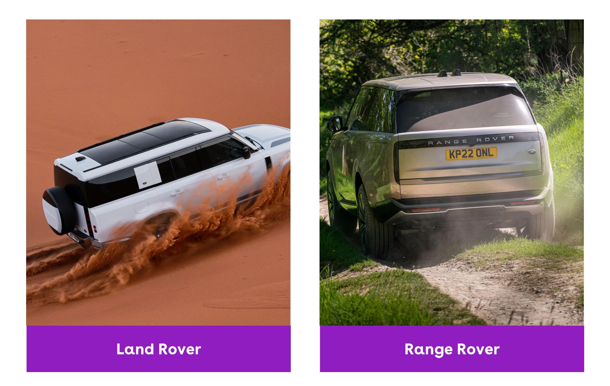 on the left is a land rover defender 130 drifting through an orange sand dune and on the right is a range rover green laning